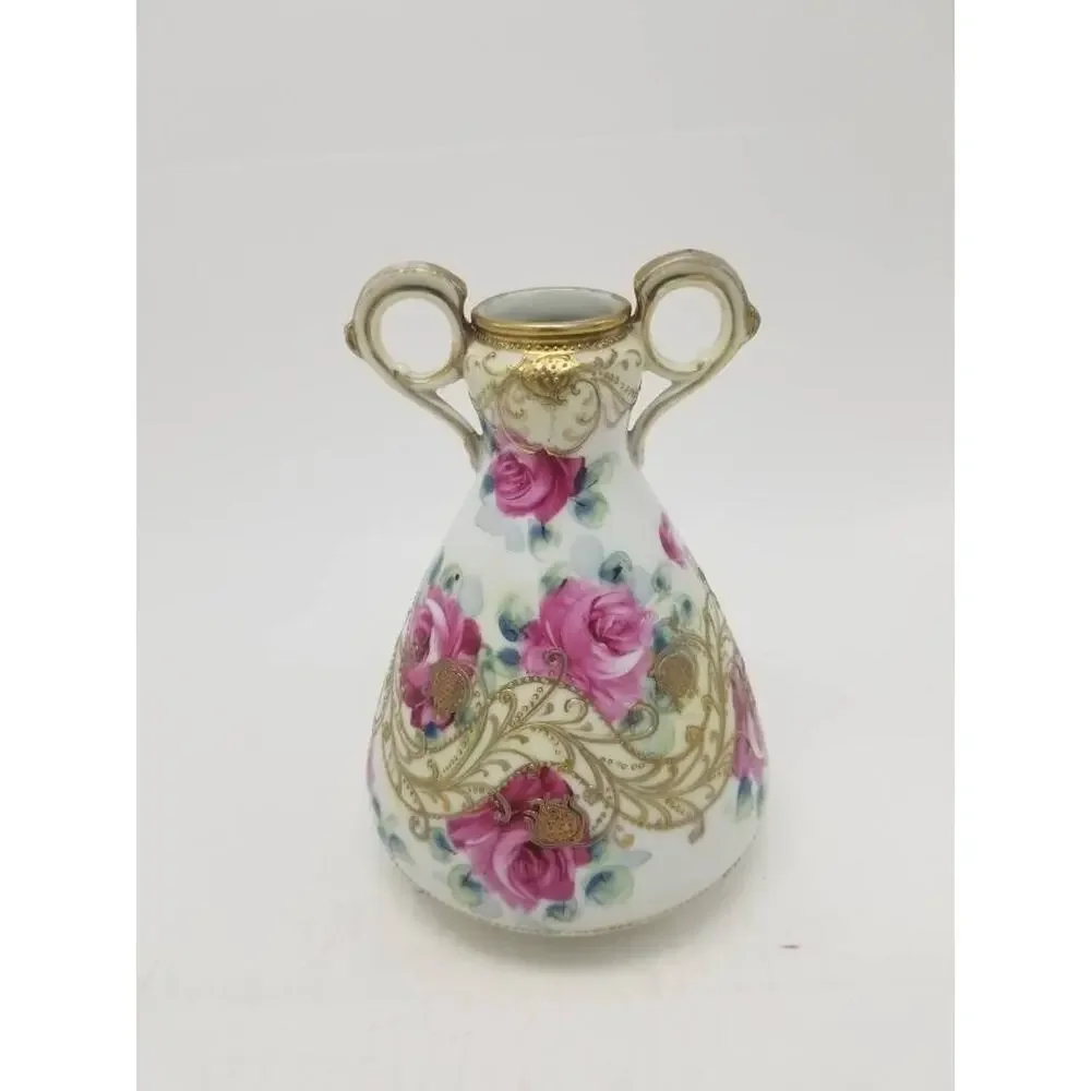 Antique Nippon Maple Leaf Vase Pink Roses Moriage Gold Double Handle (Repaired)